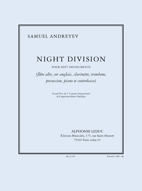 Andreyev: Night division pour 7 instruments (flûte alto, cor anglais, clarinette, trombone, percussion, piano et contrebasse) partition