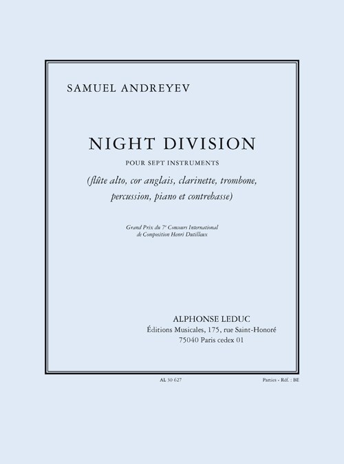 Andreyev: Night division pour 7 instruments (flûte alto, cor anglais, clarinette, trombone, percussion, piano et contrebasse) parties