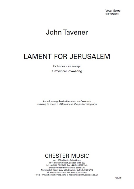 John Tavener: Lament For Jerusalem - Vocal Score (Soprano, Countertenor, SATB Chorus, Organ Accompaniment)