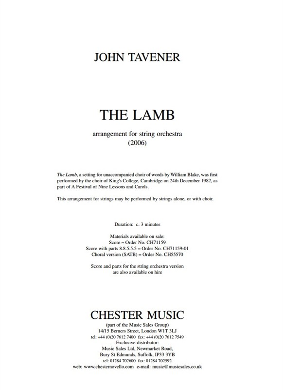 John Tavener: The Lamb - String Orchestra Version (Score and Parts)