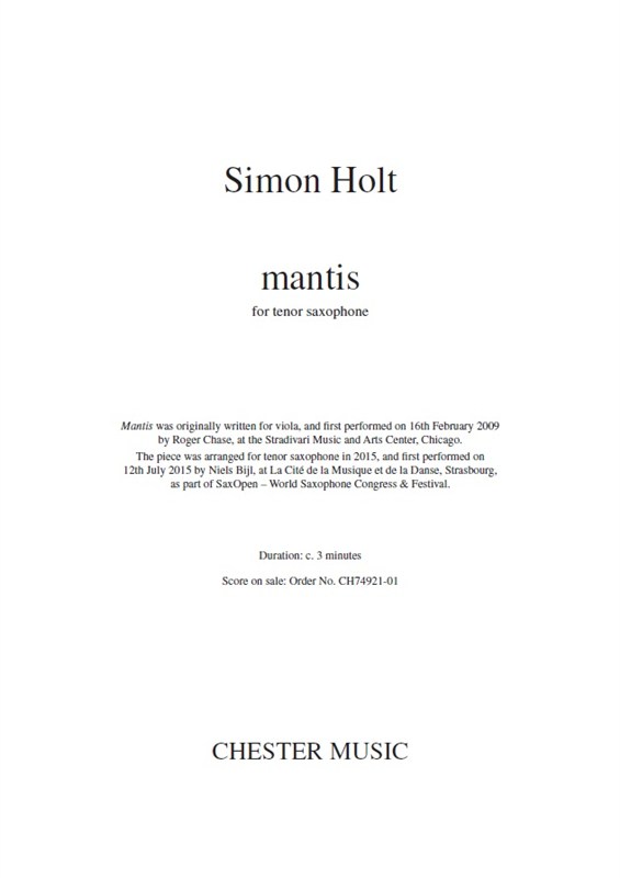Simon Holt: Mantis (Tenor Saxophone)