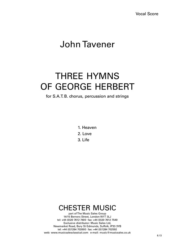 John Tavener: Three Hymns Of George Herbert (Vocal Score)