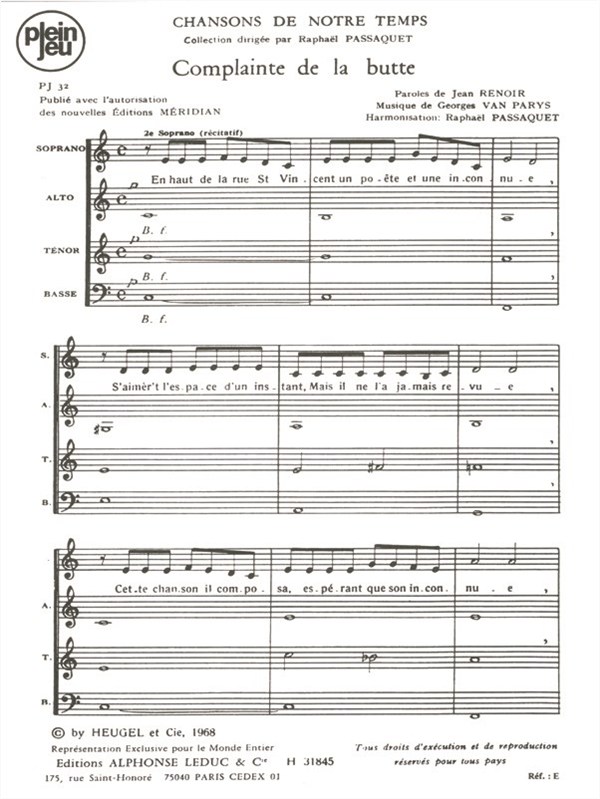Van Parys Passaquet Chansons De Notre Temps Pj32 Complainte 4 Part