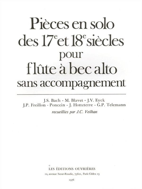 Pièces en Solo des XVIIème et XVIIIème Siècles for Alto Recorder Solo