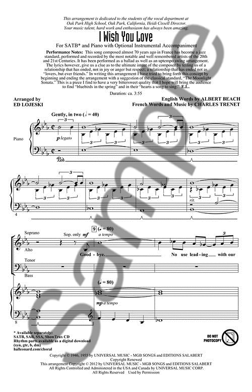 TRENET CHARLES I WISH YOU LOVE (ARR LOJESKI ED) SATB CHORAL