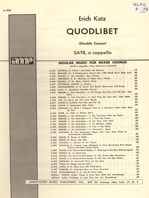 Quodlibet Unac (Double Cannon) SATB A Cappella