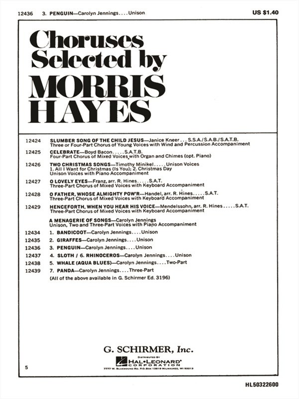 Penguin Unison 2 And 3 Part Voices And Piano Accomp(# 3 From A Menagerie Of Song S)