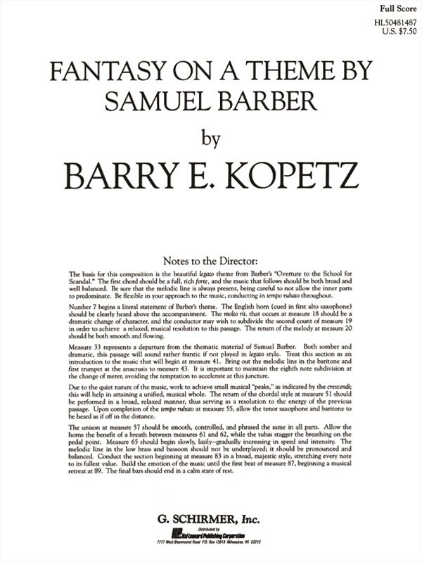 Fantasy On A Theme By Samuel Barber Score