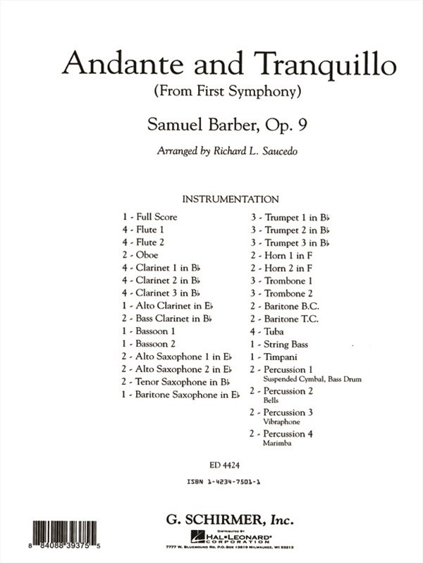 Barber Samuel Andante And Tranquillo (From First Symphony) Full Score