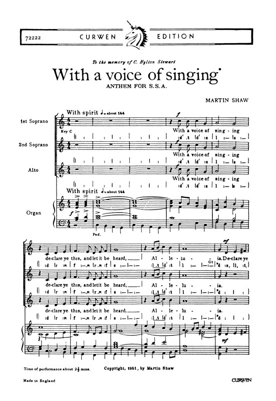 Martin Shaw: With A Voice Of Singing (SSA and Organ)