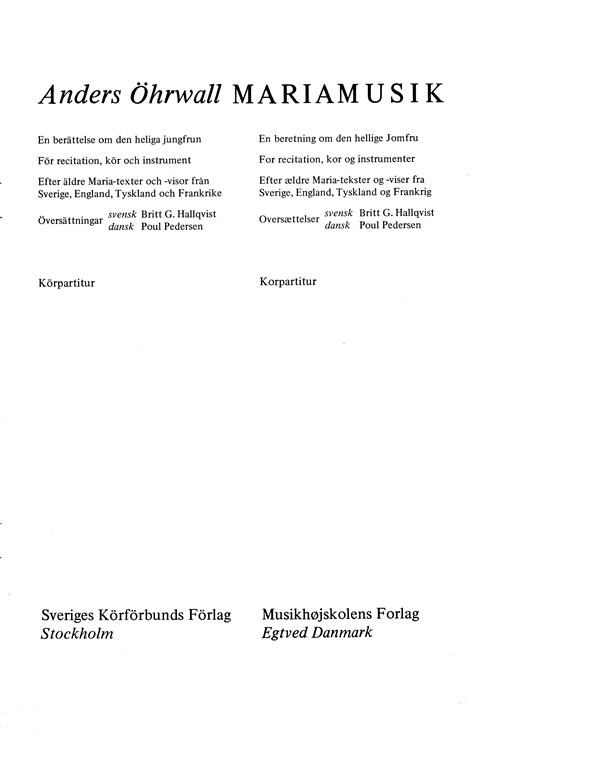 ANDERS ÖHRWALL MARIAMUSIK CHORUS SCORE