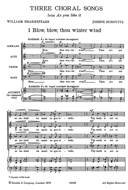 Horovitz: Three Choral Songs From 'As You Like It' (Vocal Score)