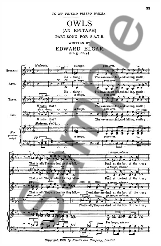 ELGAR EDWARD OWLS OP53 NO4 SATB UNACCOMPANIED CHORAL