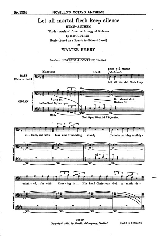 Walter Emery: Let All Mortal Flesh Keep Silence Satb/Organ