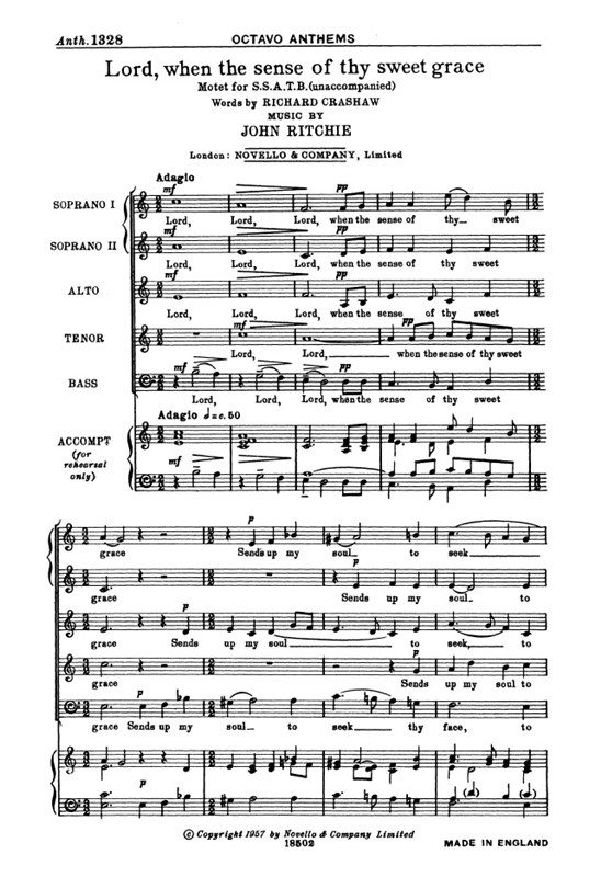 RICHIE LORD, WHEN THE SENSE OF THY SWEET GRACE SATB/PIANO