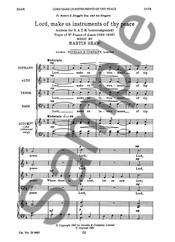 Martin Shaw: Lord, Make Us Instruments Of Thy Peace for SATB Chorus