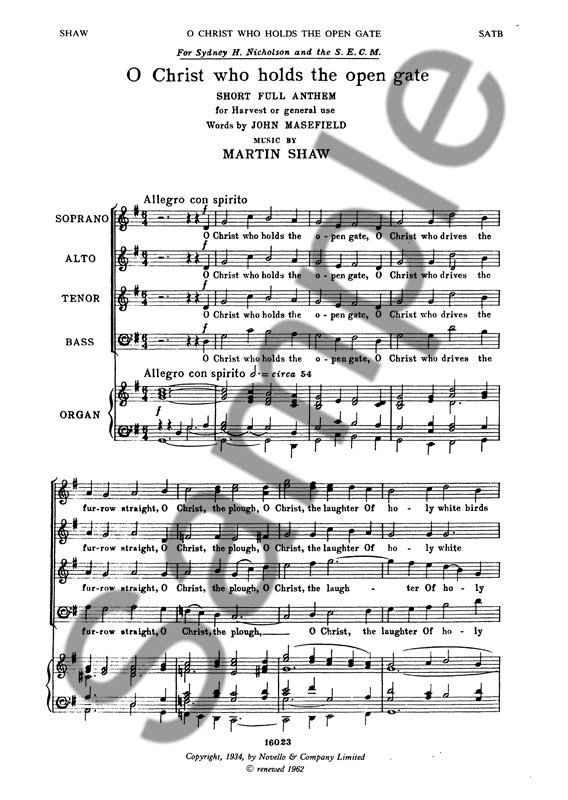 Martin Shaw: O Christ Who Hold The Open Gate for SATB Chorus with Organ acc.