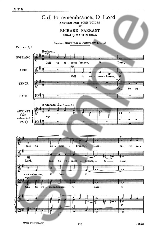 Richard Farrant: Call To Remembrance O Lord (SATB)