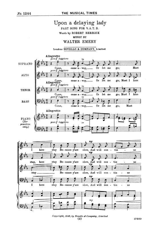 Walter Emery: Upon A Delaying Lady Satb/Piano