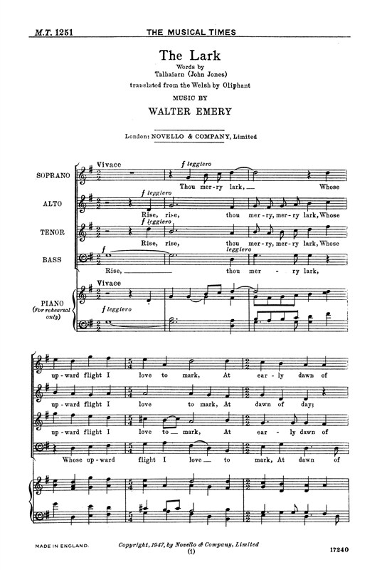Walter Emery: The Lark Satb/Piano