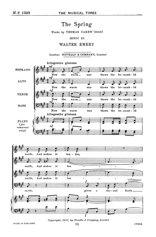 Walter Emery: The Spring Satb/Piano