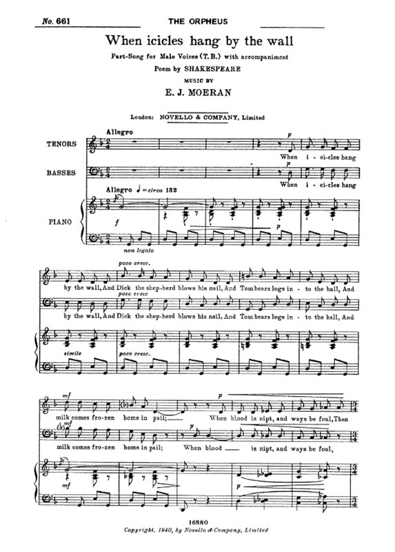 Moeran, E When Icicles Hang By The Wall Tb/Piano