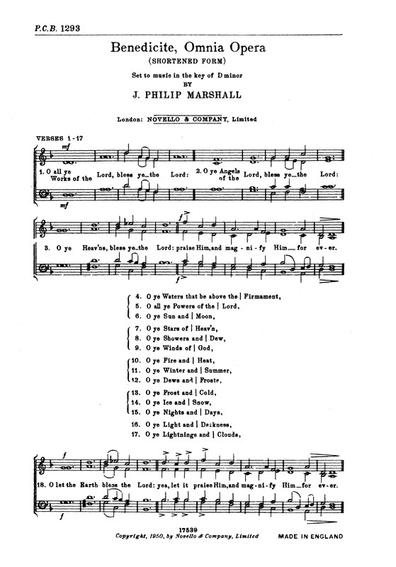 Marshall, J Benedicite Omnia Opera D Min Satb