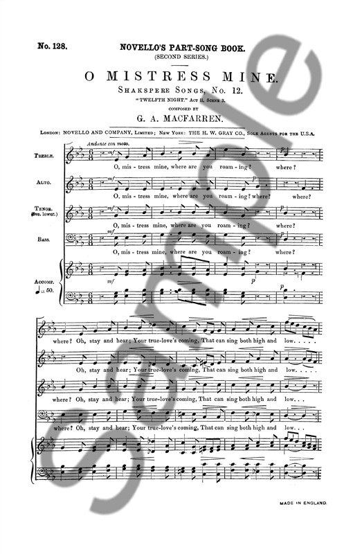 Macfarren, G O Mistress Mine Satb/Accompaniment