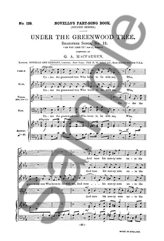 Macfarren, G Under The Greenwood Tree Satb/Accompaniment