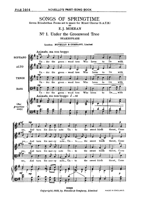 Moeran: Songs Of Springtime (No 1 Under The Greenwood Tree) for SATB Chorus