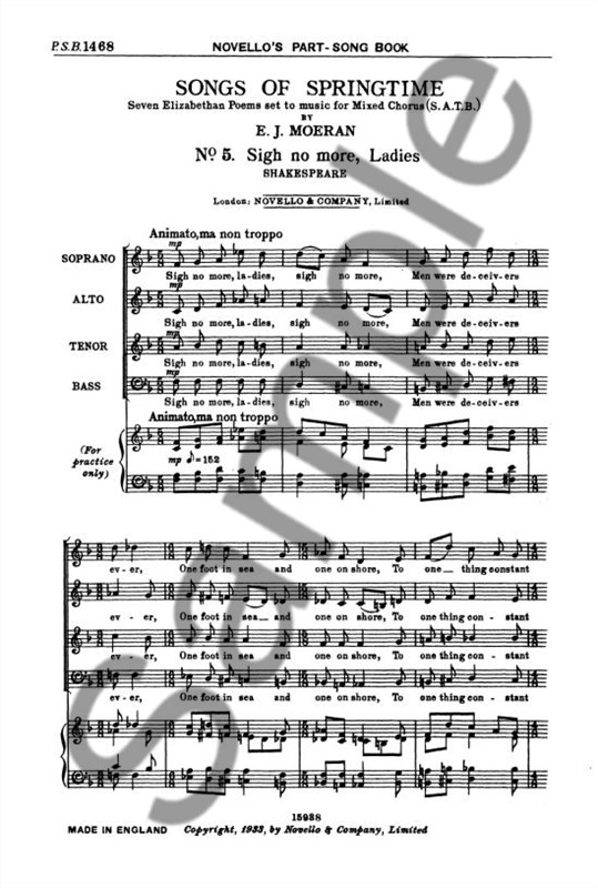 MOERAN SONGS OF SPRINGTIME NO5 SIGH NO MORE, LADIES SATB