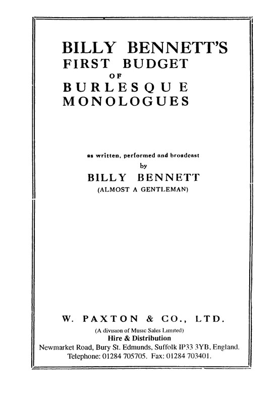 Billy Bennett: First Budget Of Burlesque Monologues