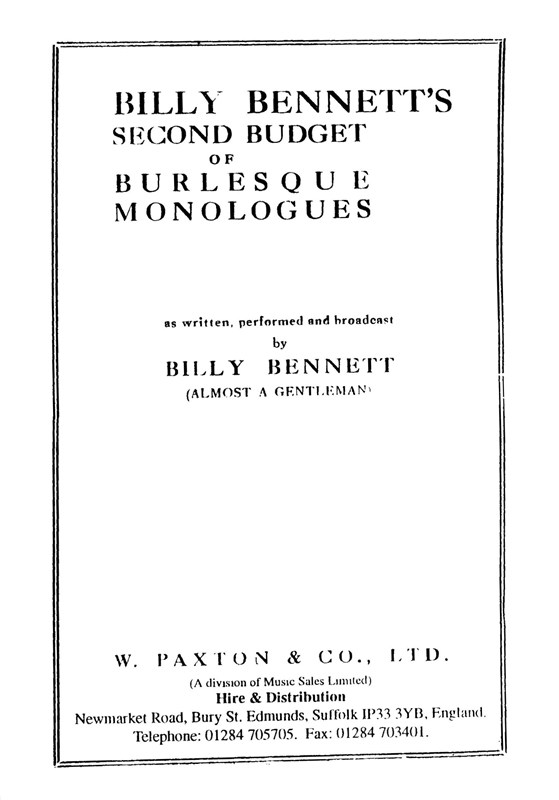 Billy Bennett: Second Budget Of Burlesque Monologues