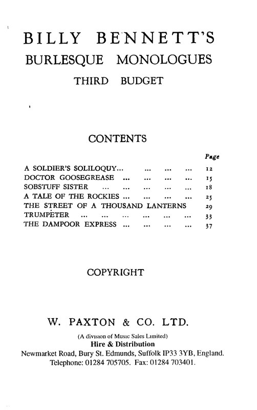 Billy Bennett: Third Budget Of Burlesque Monologues