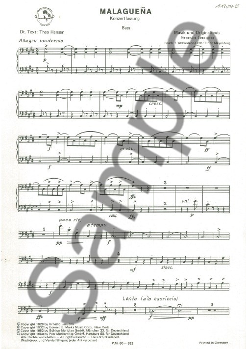 LECUONA ERNESTO MALAGUENA ACDN ORCH BASS PART