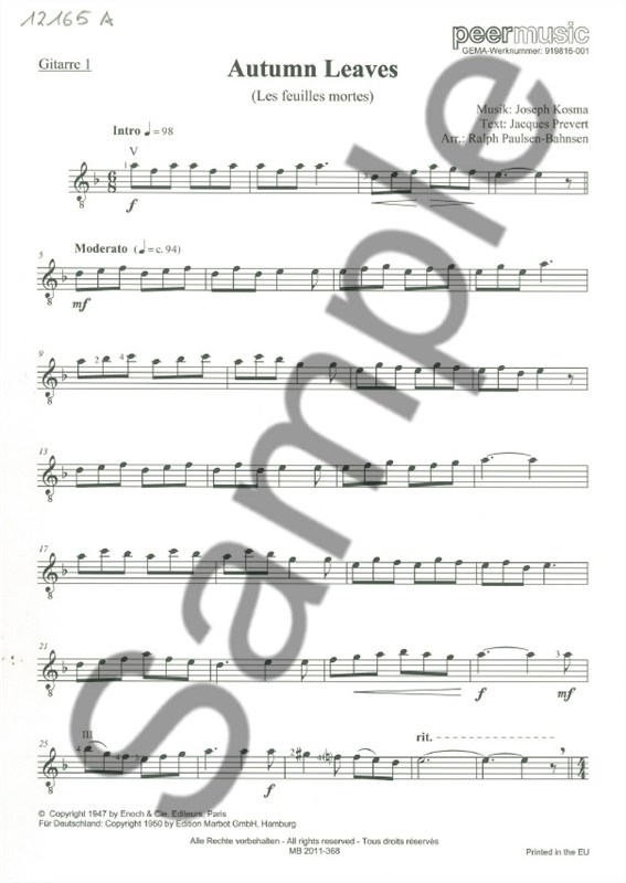 AUTUMN LEAVES GUITAR 4TET GTR 1 PART