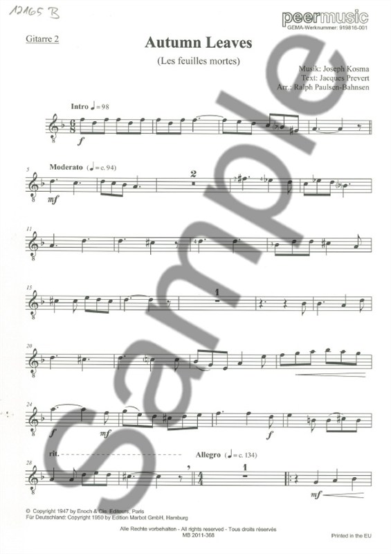 AUTUMN LEAVES GUITAR 4TET GTR 2 PART