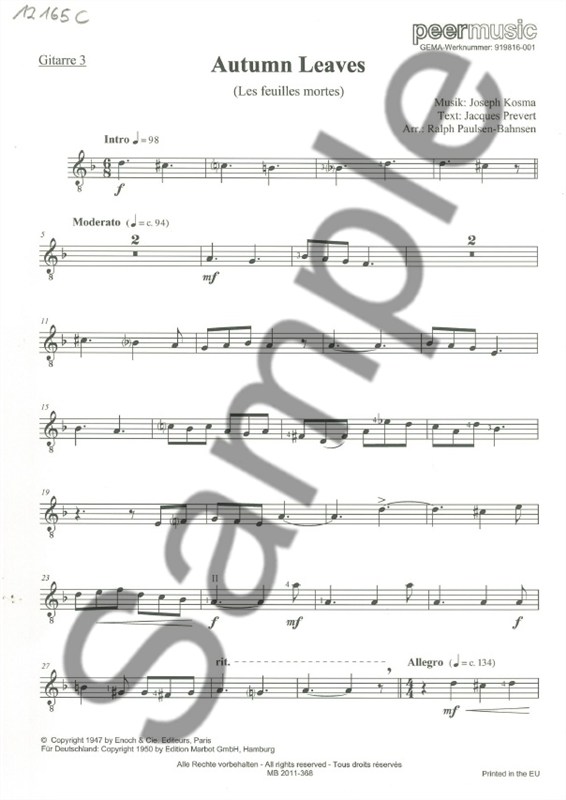 AUTUMN LEAVES GUITAR 4TET GTR 3 PART