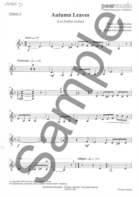AUTUMN LEAVES GUITAR 4TET GTR 4 PART