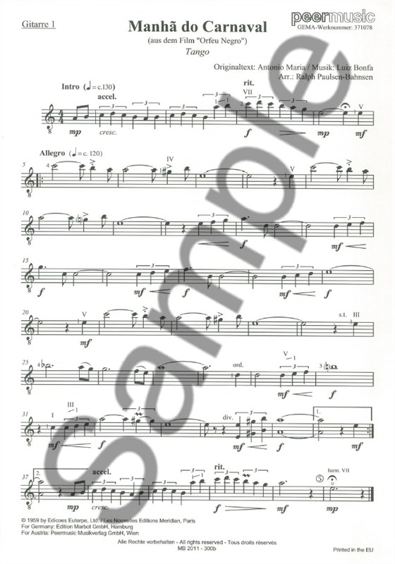 MANHA DE CARNAVAL GUITAR 4TET SCORE