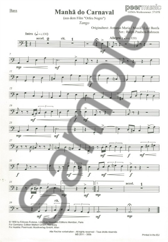 MANHA DE CARNAVAL GUITAR 4TET BASS PART