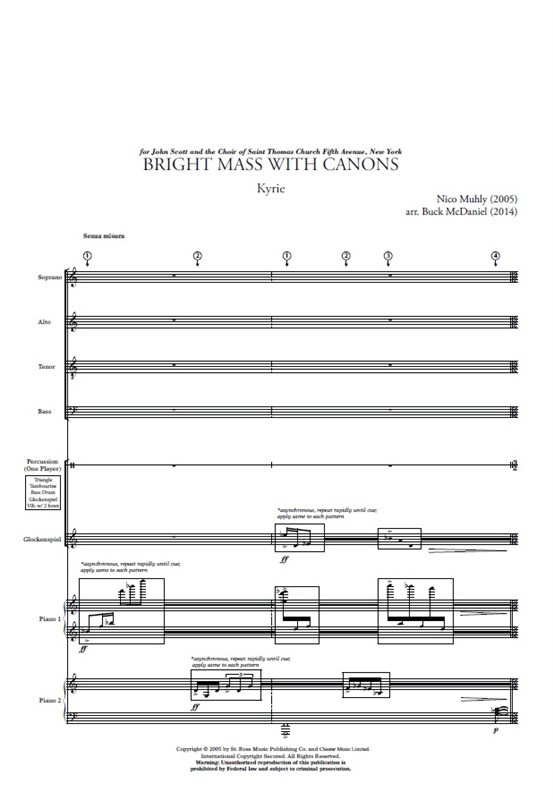 Nico Muhly: Bright Mass With Canons - Version With Two Pianos & Percussion (Parts)