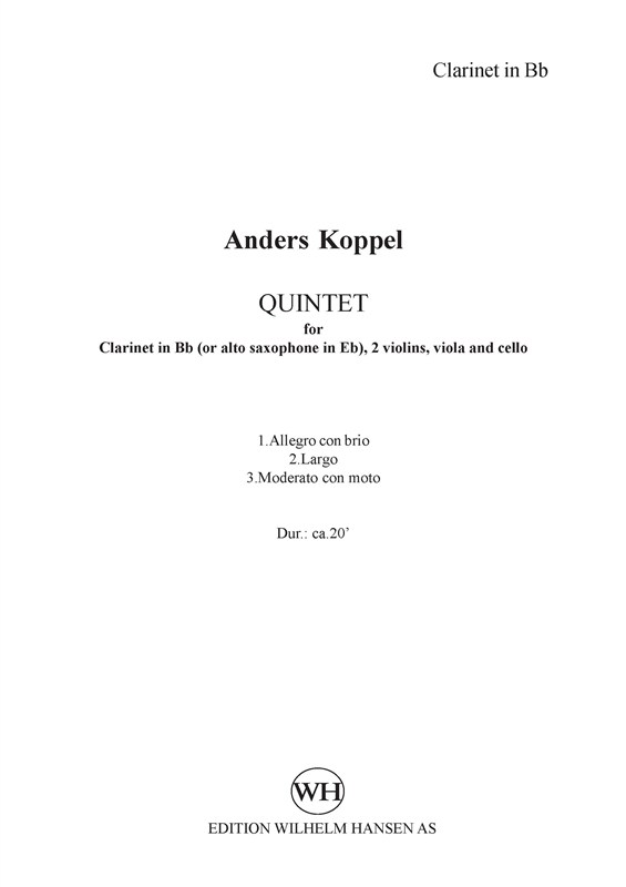Anders Koppel: Quintet (Version B) For Clarinet/Alto Saxophone And String Quartet (Parts)