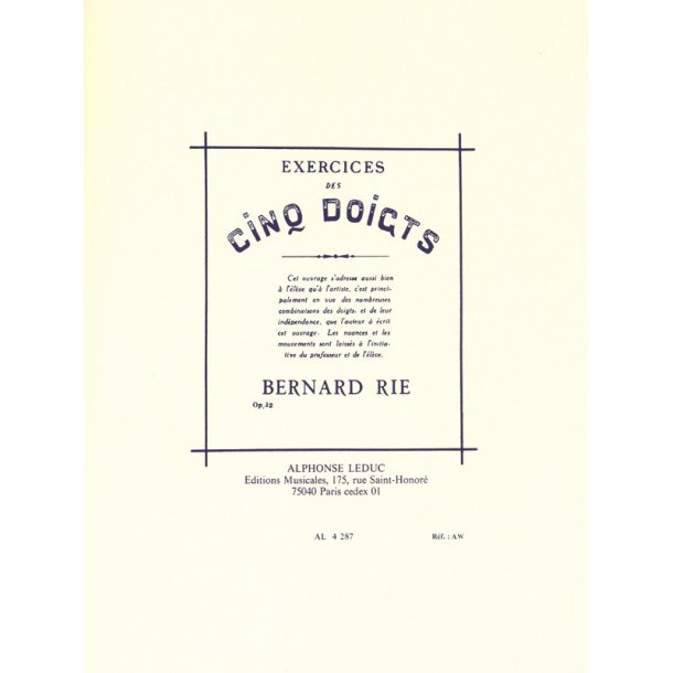 Rie Exercices Des 5 Doigts Op.32 Piano Book
