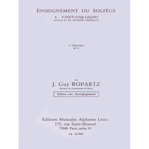 Ropartz 25 Lecons De Solfege Volume 1 Cle De Sol Sans Acc Book