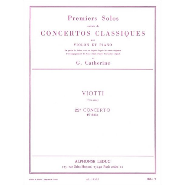 Georges Catherine: First Solos extracted from the Classic Concertos (Viotti''s Concert No. 22), for Violin and Piano