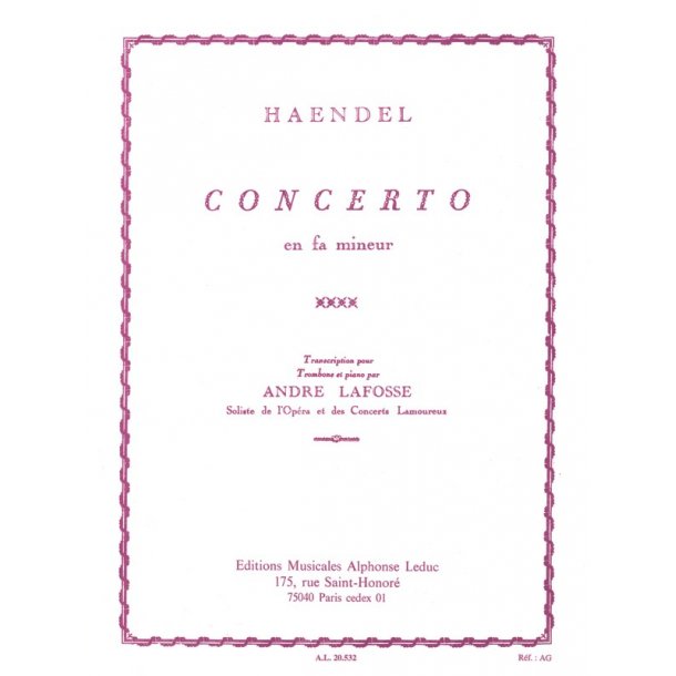 Handel Concerto In F Min Tbn/Pf Bk