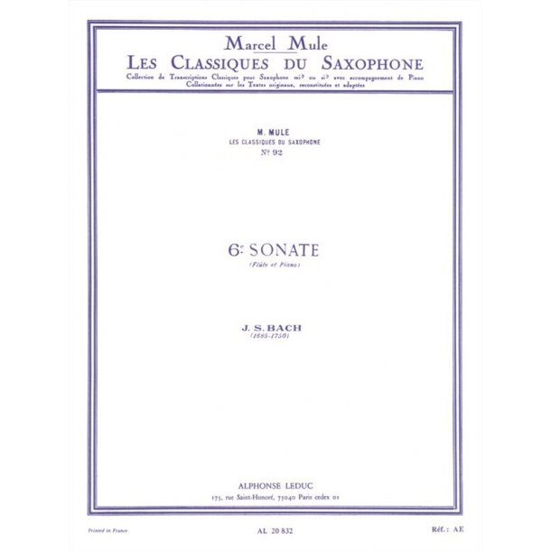 Johann Sebastian Bach: Sonata pour Fl&ucirc;te No.6 (Classiques No.92) (Saxophone-Alto & Piano)
