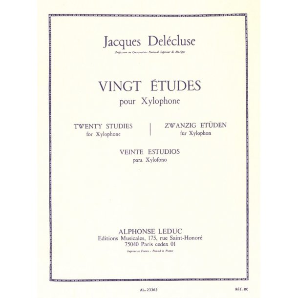 Jacques Del&eacute;cluse: 20 Etudes pour Xylophone (Percussion solo)