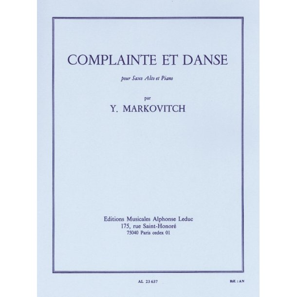 Y. Markovitch: Complainte et Danse (Saxophone-Alto & Piano)
